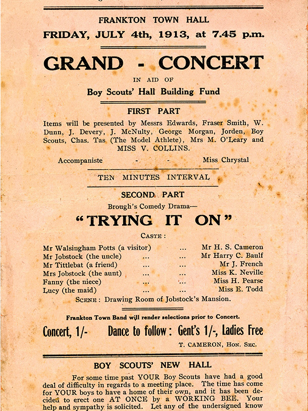 A colour image showing the front page of a programme for a fundraising concert held July 4 1913 to raise funds for the construction of a boy scouts hall.