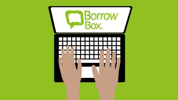 cartoon hands using BorrowBox on a laptop