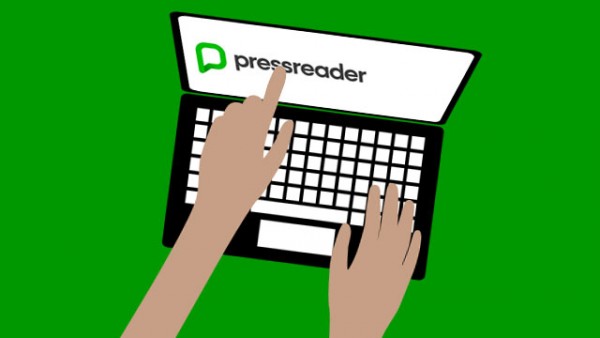 cartoon hands using PressReader on a laptop