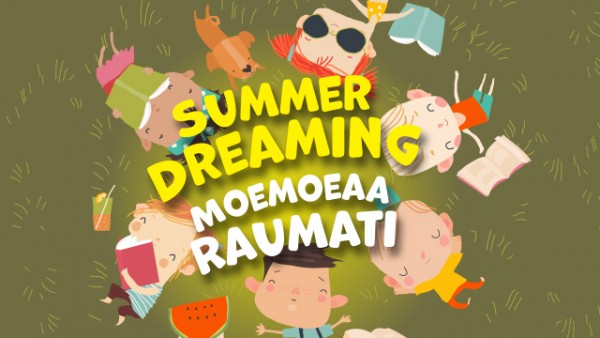 cartoon kids lying down in a circle. In the middle of the circle it's writen 'Summer Dreaming - Moemoeaa raumati'.