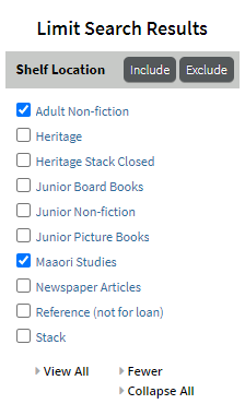 Limit search results options with Adult Non-fiction and Maaori Studies selected
