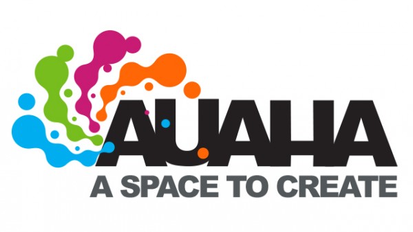 Auaha logo has colourful bubbles around the letter A. Underneath it says 'A space to create'.