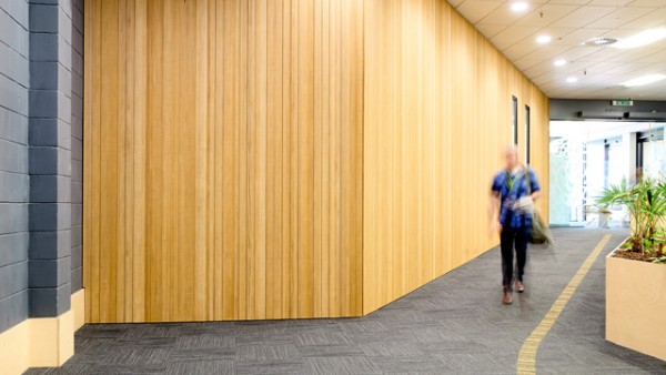 The ramp is on the right side and leads to the Ground Floor from the entrance at Central Library.