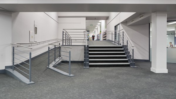 The ramp on Level 2 at Central Library leads to the Kathleen Glenn Meeting Room and part of non-fiction collection.