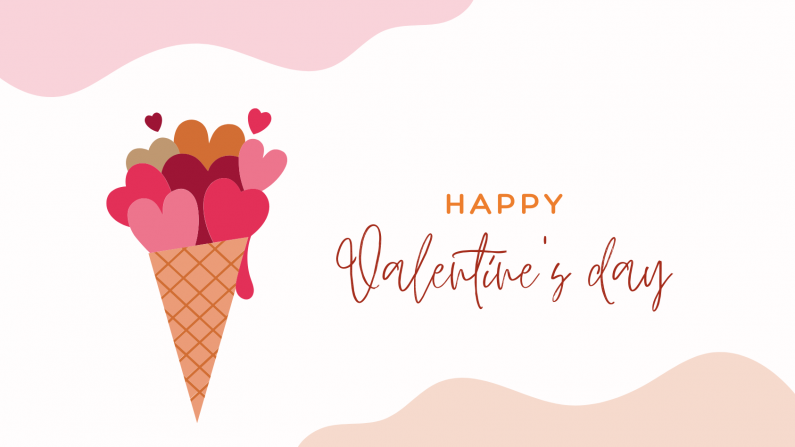 Happy Valentines day greeting card with ice cream cone full of hearts