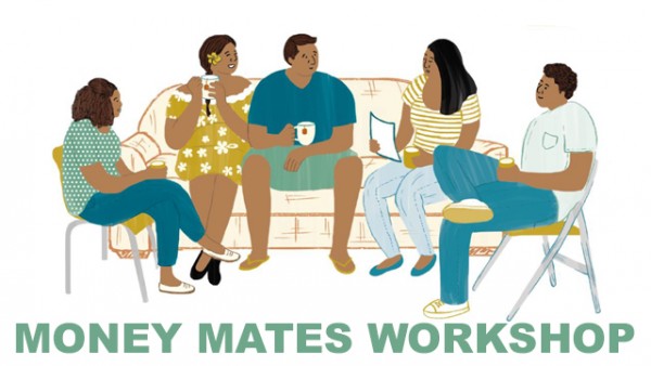 Illustration of whaanau sitting on couches and chairs, having a discussion, with the words Money Mates Workshop.